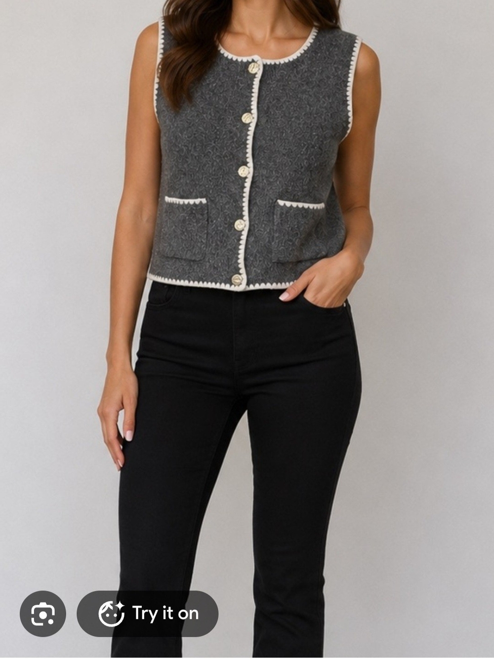 Song Of Style x Aimee Song Grey Sweater Vest With White Trim And Pockets. Size M